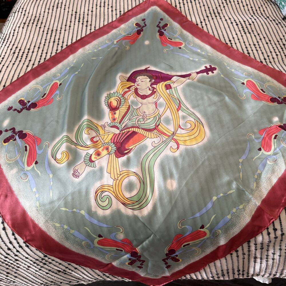 100% Silk Printed Asian Art Nouveau Style Rolled Hem Large Scarf